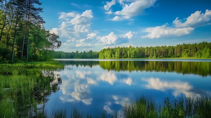 Serene lake landscape with clouds reflected on water. Scenic nature view.