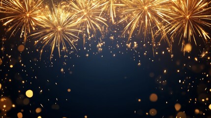 89.Minimalist New Year banner with a deep navy backdrop, featuring radiant golden fireworks in varied shapes and sizes at the top, surrounded by a thin, shimmering golden border, creating a luxurious