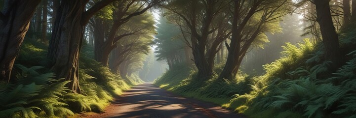 Winding asphalt road through a tunnel of ancient conifers and ferns in a Scottish forest, natural scenery, forest landscape