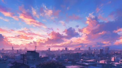 Fototapeta premium Anime aesthetic of pink and blue clouds over a cityscape, creating a dreamy twilight scene.