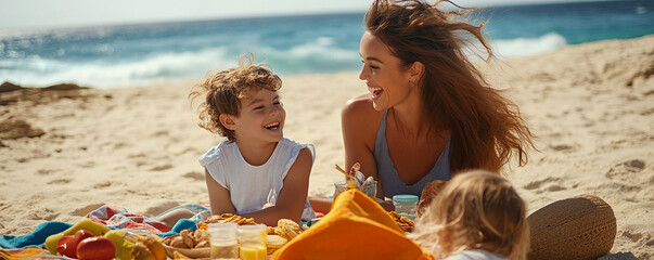 joyful family enjoying sunny beach picnic with snacks and drinks, featuring mother laughing with her children on sandy shore by ocean