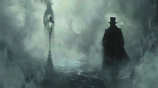 Victorian London Mystery: Jack the Ripper in Foggy Streets for Historical Artwork