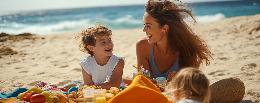 joyful family enjoying sunny beach picnic with snacks and drinks, featuring mother laughing with her children on sandy shore by ocean