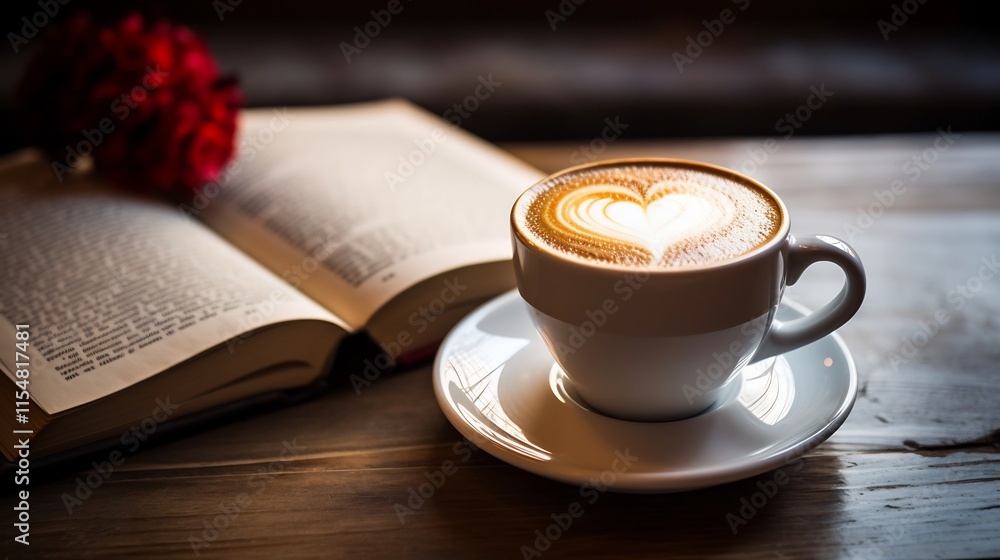 Aufkleber latte art featuring a heart pattern on the surface of a coffee cup placed next to an open book in a 