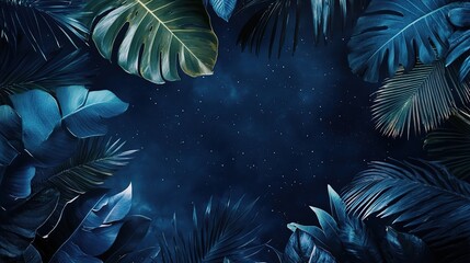 Tropical Blue Foliage and Plants on Dark Background with Stars