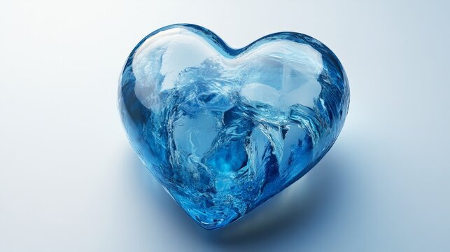 A translucent icy blue 3D-rendered heart, softly illuminated on a white background