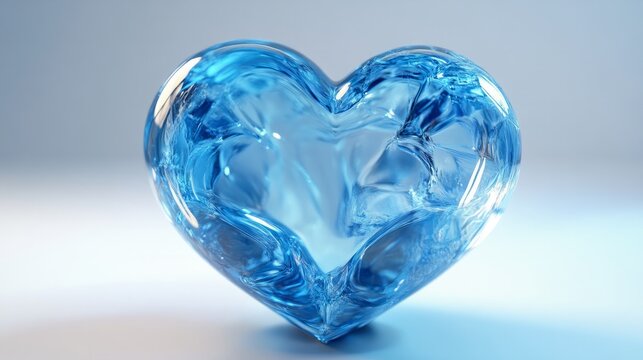 A translucent icy blue 3D-rendered heart, softly illuminated on a white background