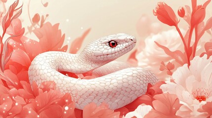 Fototapeta premium A serene illustration featuring a sleek white snake among floral elements, perfect for 2025 Chinese New Year projects or decorations with ample copy space.