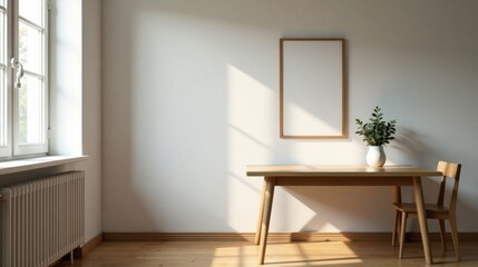 Light-filled minimalist room interior design featuring a wooden table, chair, and a blank frame on a white wall, bathed in sunlight streaming through a window.