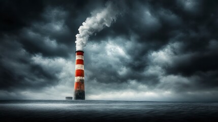 Industrial smokestack emitting pollution into a stormy sky over water.