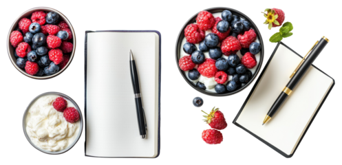 Creative writing ideas with fresh berries cozy home office setup food photography minimalist style close-up view healthy lifestyle