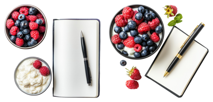 Creative writing ideas with fresh berries cozy home office setup food photography minimalist style close-up view healthy lifestyle