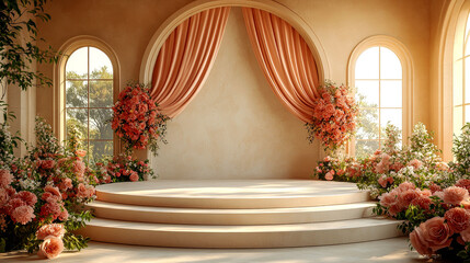 Elegant round podium with peach roses and curtains in a sunlit room.