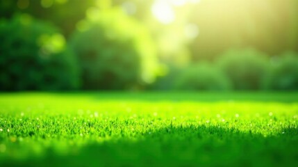 Naklejka premium Vibrant Green Grass Meadow with a Sunlit Background, Ideal for Nature-Themed Designs and Projects