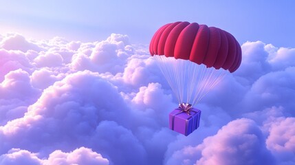 Fototapeta premium 105.A vibrant 3D render of a bright red parachute gently gliding through fluffy white clouds, carrying a sleek purple gift box with a shiny ribbon; the clouds add a sense of depth and movement,