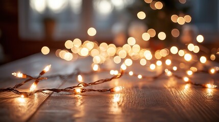 Empty Wooden Tabletop with Warm Abstract Lights in Living Room