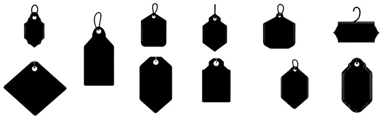 Collection of Hanging Price Tags in Various Shapes and Styles, Vector Silhouettes