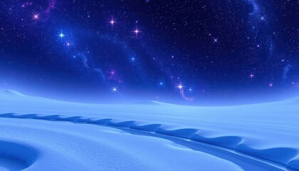 a snow covered field with a star filled sky and a path