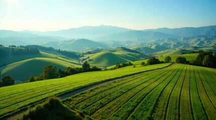 Fototapeta premium Serene Rolling Hills Landscape Verdant Meadows and Gentle Slopes Under a Clear Sky