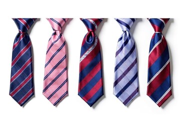 different patterns neckties hang over white background close up view