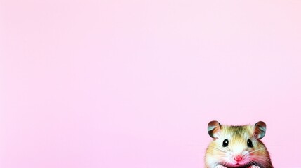 Fototapeta premium Adorable Hamster Peeking Out Against Soft Pink Background Wallpaper – Minimalist Animal Photography