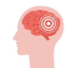 Brain anatomy. Human head in profile with red brain inside. Headache concept. Migraine symbol isolated on white background. Side view. Vector illustration in flat cartoon style.