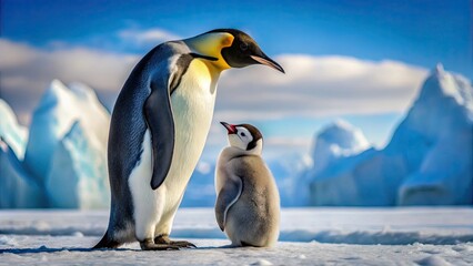 Fototapeta premium Emperor penguins, a heartwarming Antarctic family portrait, showcases parental love in a breathtaking landscape.