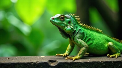 Fototapeta premium Vibrant Green Iguana on Dark Surface, Basking in Lush Foliage, Displaying Striking Scales and Detail