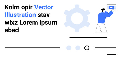 Diagram, chart, gear icon, human figure holding a document, placeholder text. Ideal for business, presentations, infographics, marketing, educational content, technology, web design. Landing page