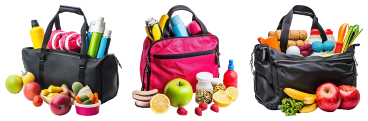 Grocery shopping essentials colorful bags filled with fresh produce kitchen supplies and snacks indoor setting top view