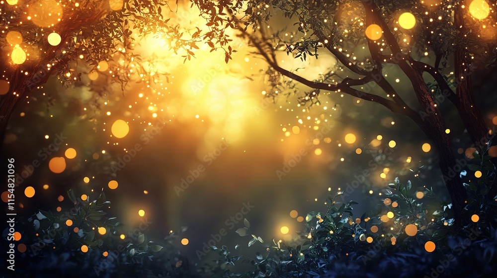 Poster shining lights through tree branches in a blurred forest background