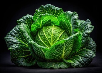 Obraz premium Fresh green cabbage against a black backdrop. A healthy, vegan produce staple for cooking, markets, and grocery stores.