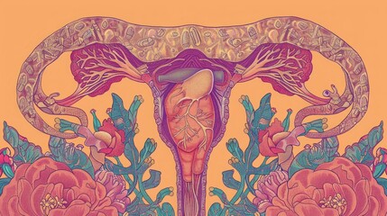 An intricate anatomical illustration of the female reproductive system intertwined with floral motifs, blending medical precision and artistic elegance.