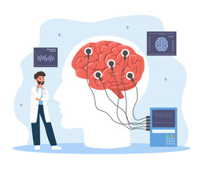 Neurologist concept. Man in medical uniform examine human brain. Electroencephalography. Brain Connected to Display with EEG Indication. Vector illustration in flat cartoon style.