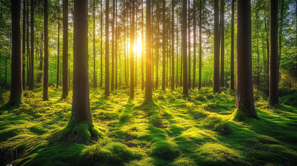 Fototapeta premium Sunlit Forest, Mossy Floor, Golden Hour, Tranquil Nature, Green Trees