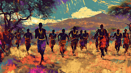 African Tribal Dancers in Savannah Landscape: Vibrant Painting