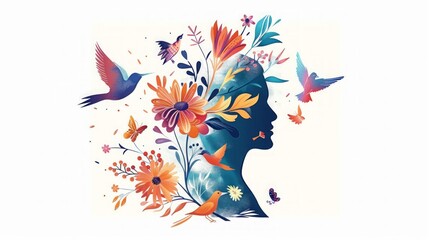 Illustration depicting mental health and emotional well-being with a silhouette adorned with vibrant flowers and birds symbolizing growth, peace, and harmony.