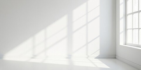 Obraz premium Bright Sunlight Illuminates a Minimalist Room Corner with a Large Window Casting Light Patterns on the Wall
