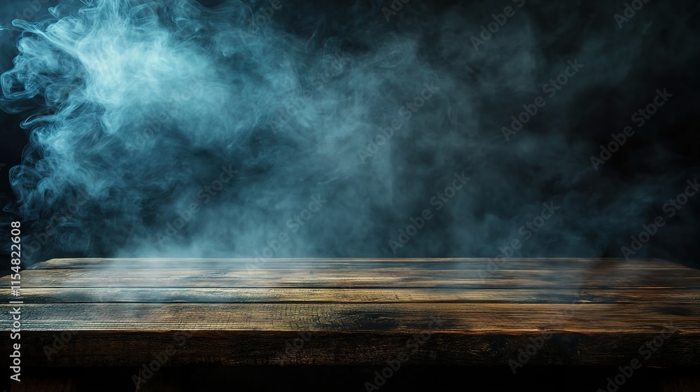 Poster Empty Wooden Table Top with Floating Smoke on Dark Background