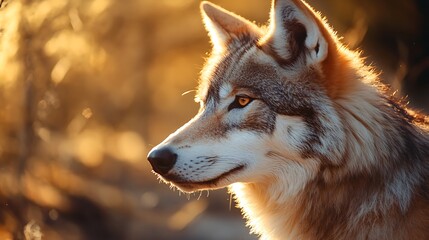 Obraz premium Majestic Wolf in Golden Sunlight. Wildlife, Nature, Animal Portrait.