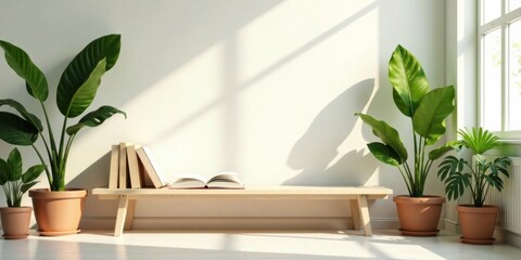 Serene Minimalist Interior Featuring Sunlit Bench with Books and Lush Potted Plants