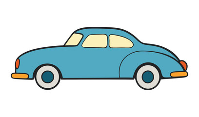 Retro blue car illustration. Classic vintage car drawing. Nostalgic old-car vector drawing.