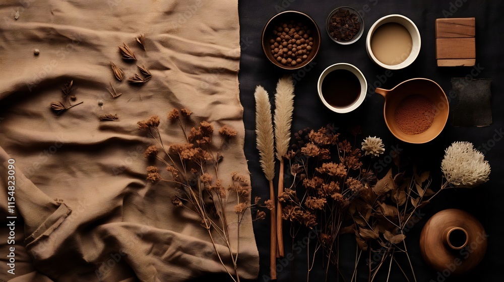 Poster rustic and moody flatlay composition featuring coffee stains natural threads and earthy tones creati