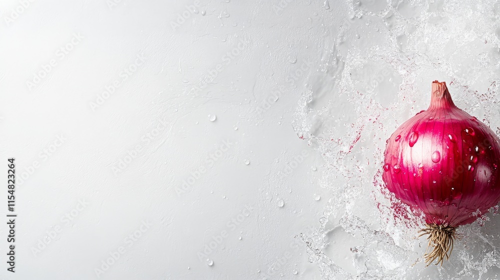 Poster a close-up overhead view captures a dynamic red onion mid-explosion, showcasing water droplets and l