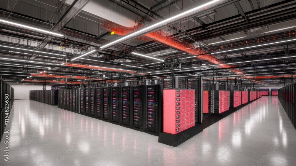 Poster A single row of server racks in a data center showcases organized cables and blinking lights, enhancing a high-tech ambiance with cooling fan reflections