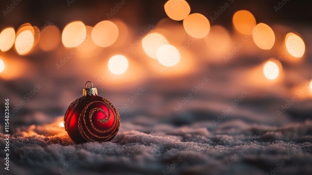 Poster a close-up view showcases a red christmas bauble adorned with golden swirls, resting on a soft snow-