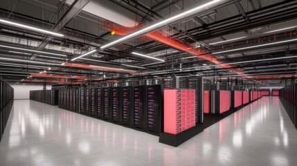 A single row of server racks in a data center showcases organized cables and blinking lights, enhancing a high-tech ambiance with cooling fan reflections