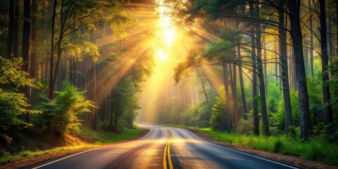 Sunlit Road Through a Misty Forest at Dawn
