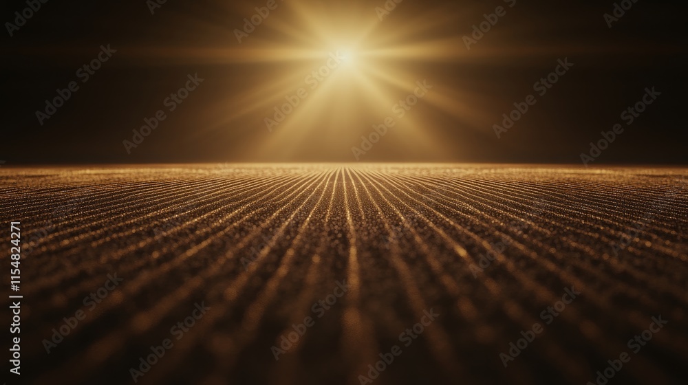Poster radiant golden light bursts with abstract lens flare patterns illuminate a dark space, providing a s