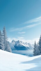 skiers on a snowy mountain slope with trees and a lake